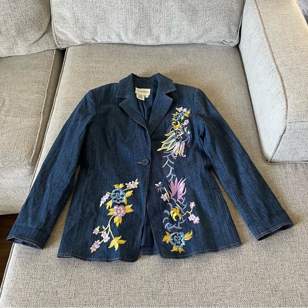 Pamela McCoy Blue Floral Embroidered Button Front Blazer Jacket Women's Size S